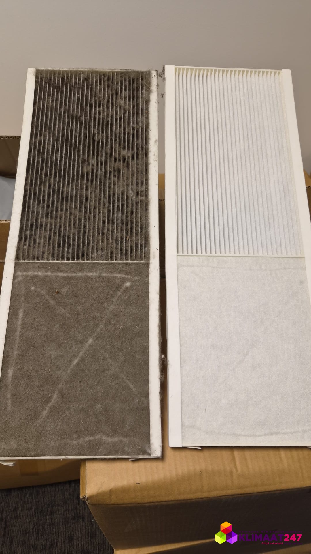 Vervuild WTW-filter naast een nieuw filter na vervanging